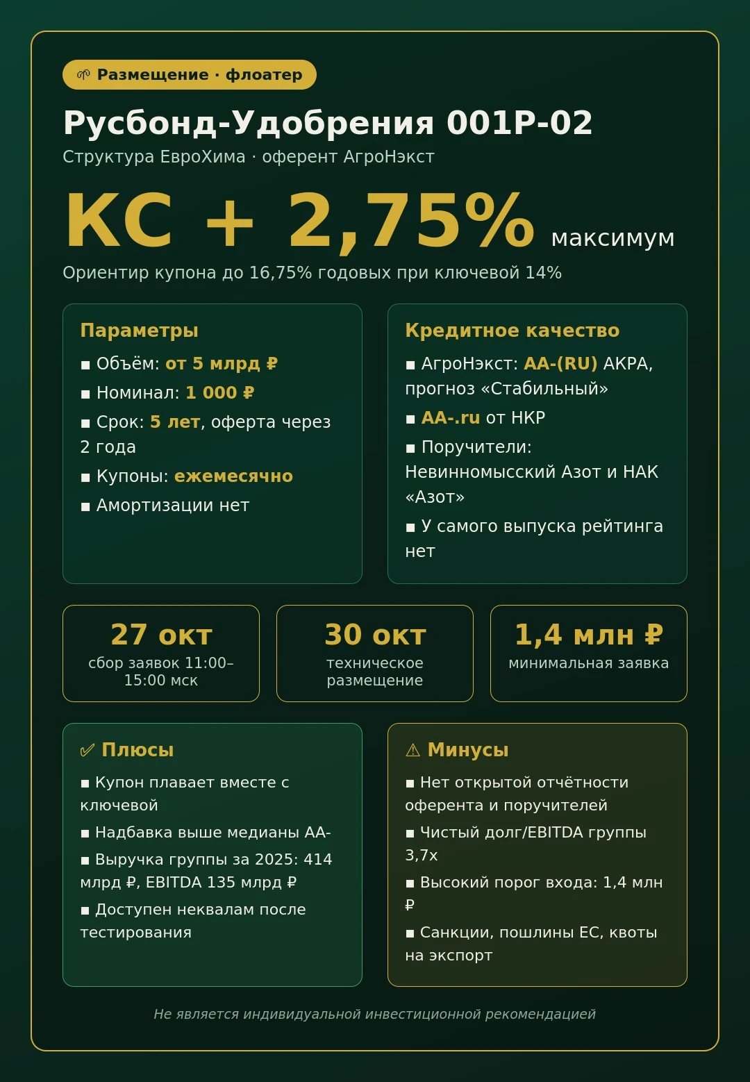 🌱 Флоатер от «короля удобрений»: Русбонд-Удобрения 001Р-02 Завтра, 27 октября, структура ЕвроХима собирает - изображение