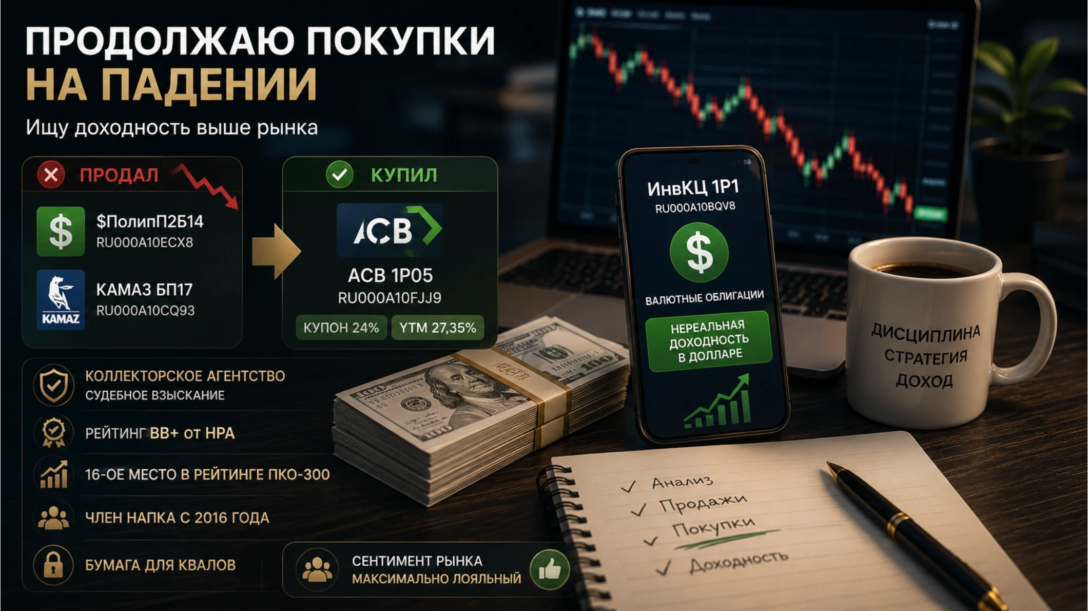 Утром пополнил счет на 50000 рублей и купил на них ИнвКЦ 1Р1 RU000A10BQV8, он упал просто неприлично и дает - изображение