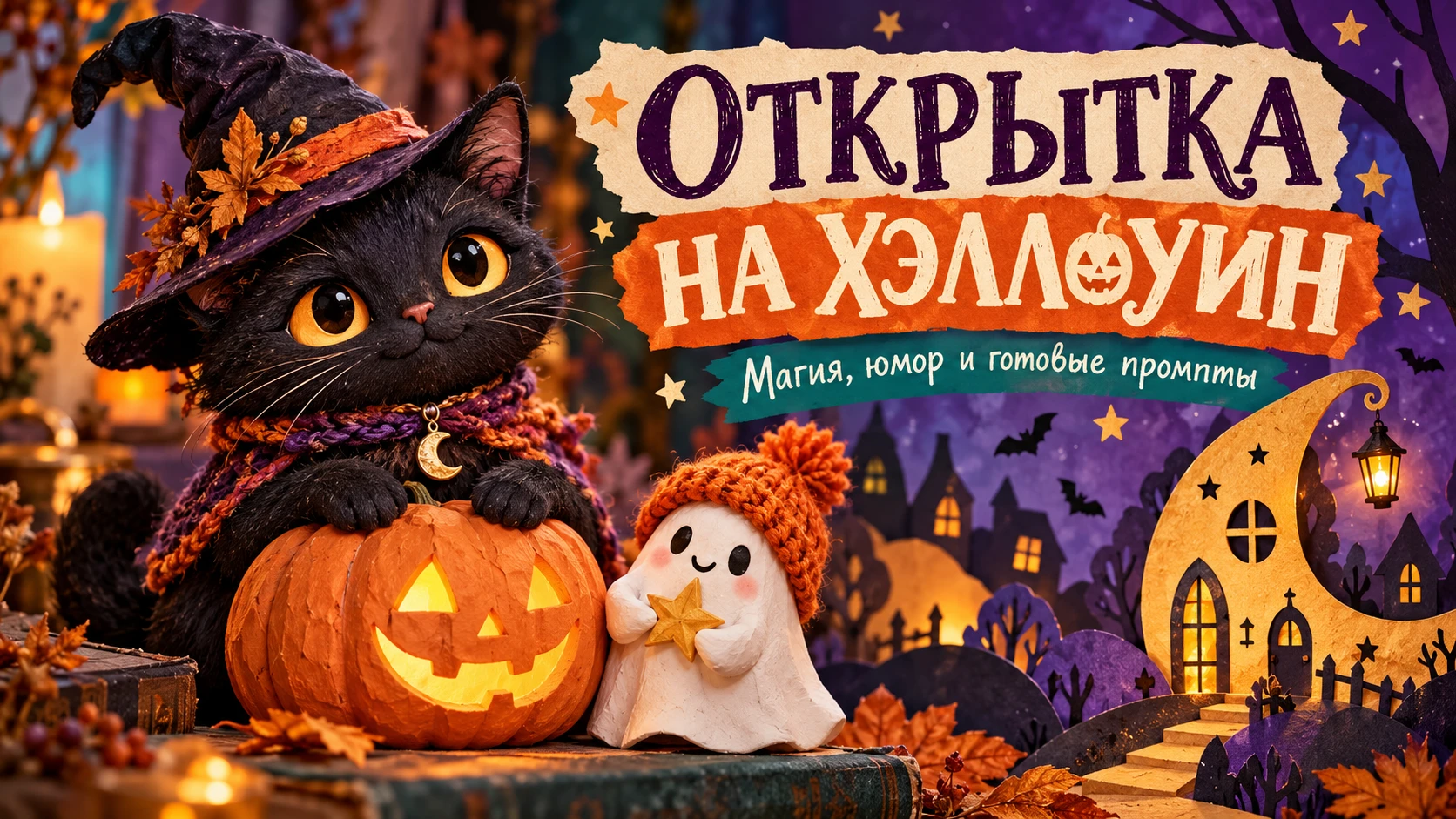 Хэллоуинская открытка может быть уютной: чёрный кот у тыквы, маленький пластилиновый призрак или бумажный домик - изображение