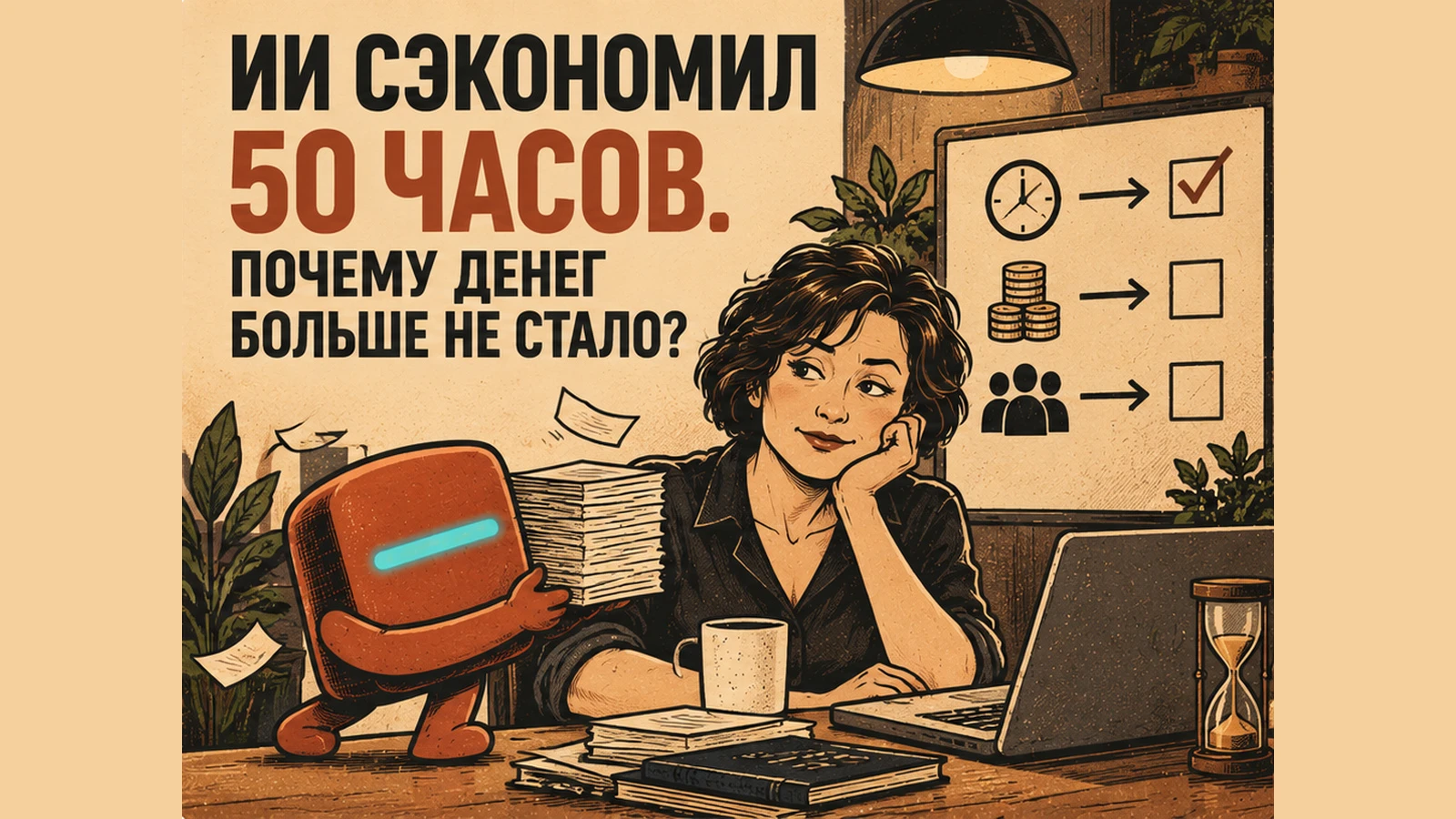 Представим небольшую компанию. Она внедрила ИИ-помощника, и руководителю показывают результат: сотрудники тратят - изображение
