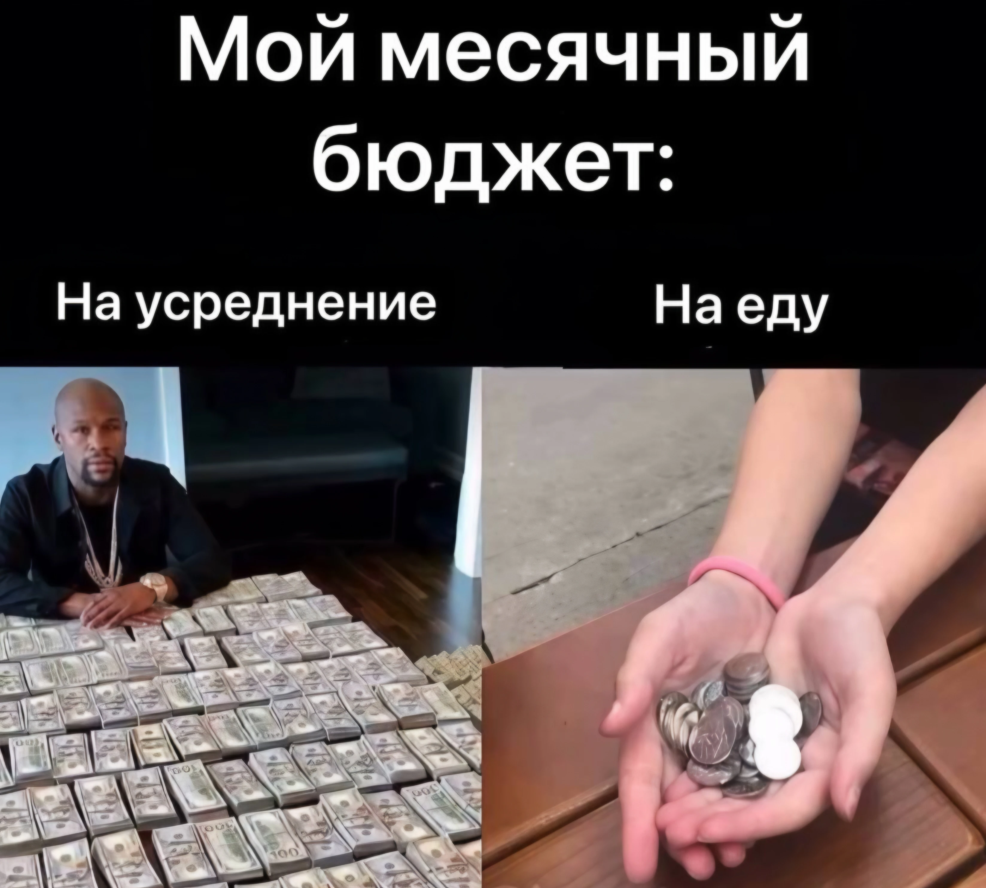 На картинке изображена гора денег с подписью «На усреднение» и три копейки с подписью «На еду», и в этой шутке - изображение