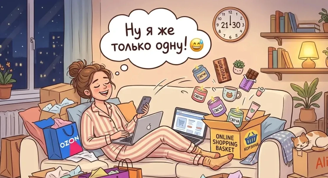 🔥 Вечерний шопинг: когда мозг сдаётся, а корзина пополняется 😅 ‼️ Знакомая картина: утром ты — образец - изображение