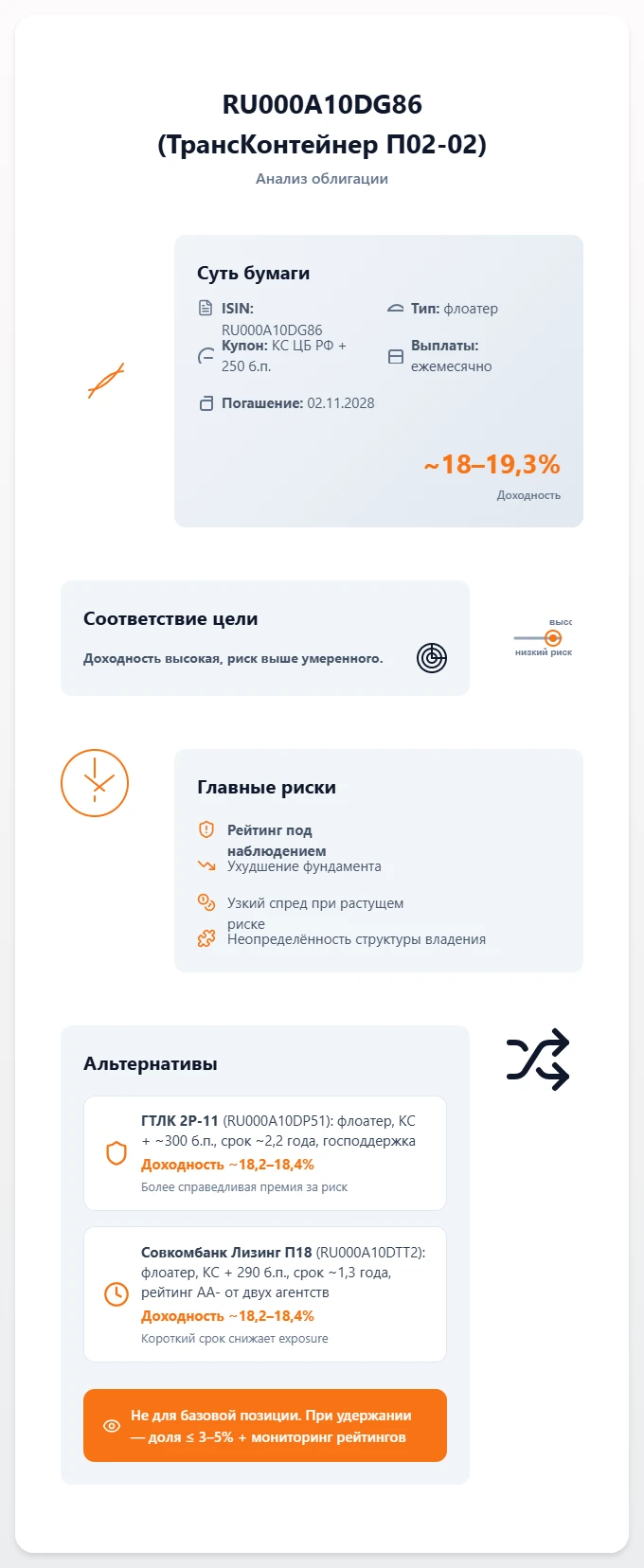 $RU000A10DG86 📉 Облигация RU000A10DG86 (ТрансКонтейнер П02-02): стоит ли брать?💼 Что за бумага: флоатер (КС ЦБ - изображение