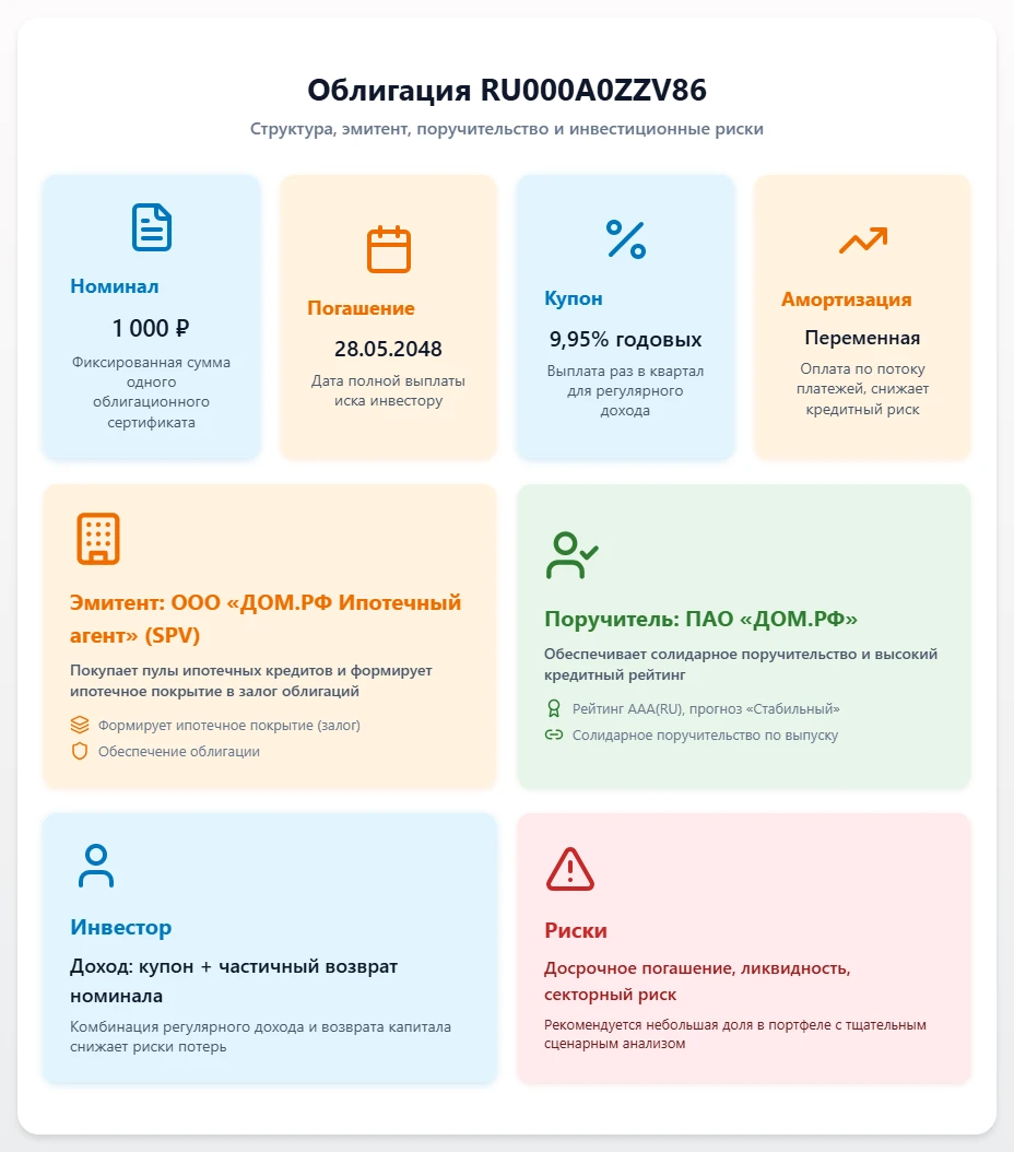 $RU000A0ZZV86 Эмитент: ООО «ДОМ.РФ Ипотечный агент». Это специализированная структура (SPV): она не ведёт - изображение