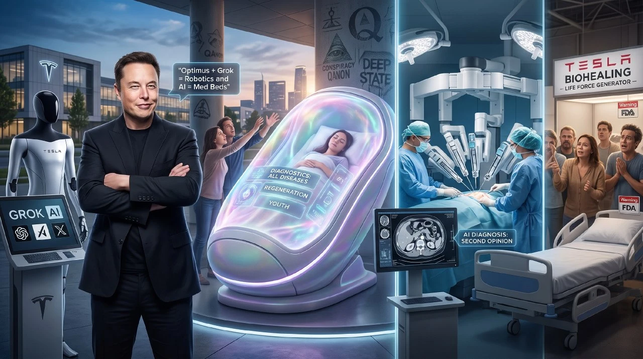 Недавний пост Илона Маска — «Optimus + Grok = робототехника и ИИ = Med Beds» с двумя эмодзи и подмигиванием — - изображение