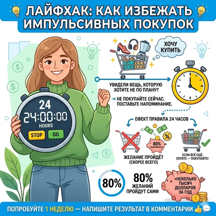 💸 Финансовая привычка недели: «Правило 24 часов» — как перестать покупать на эмоциях и не жалеть потом Знакомо: - изображение