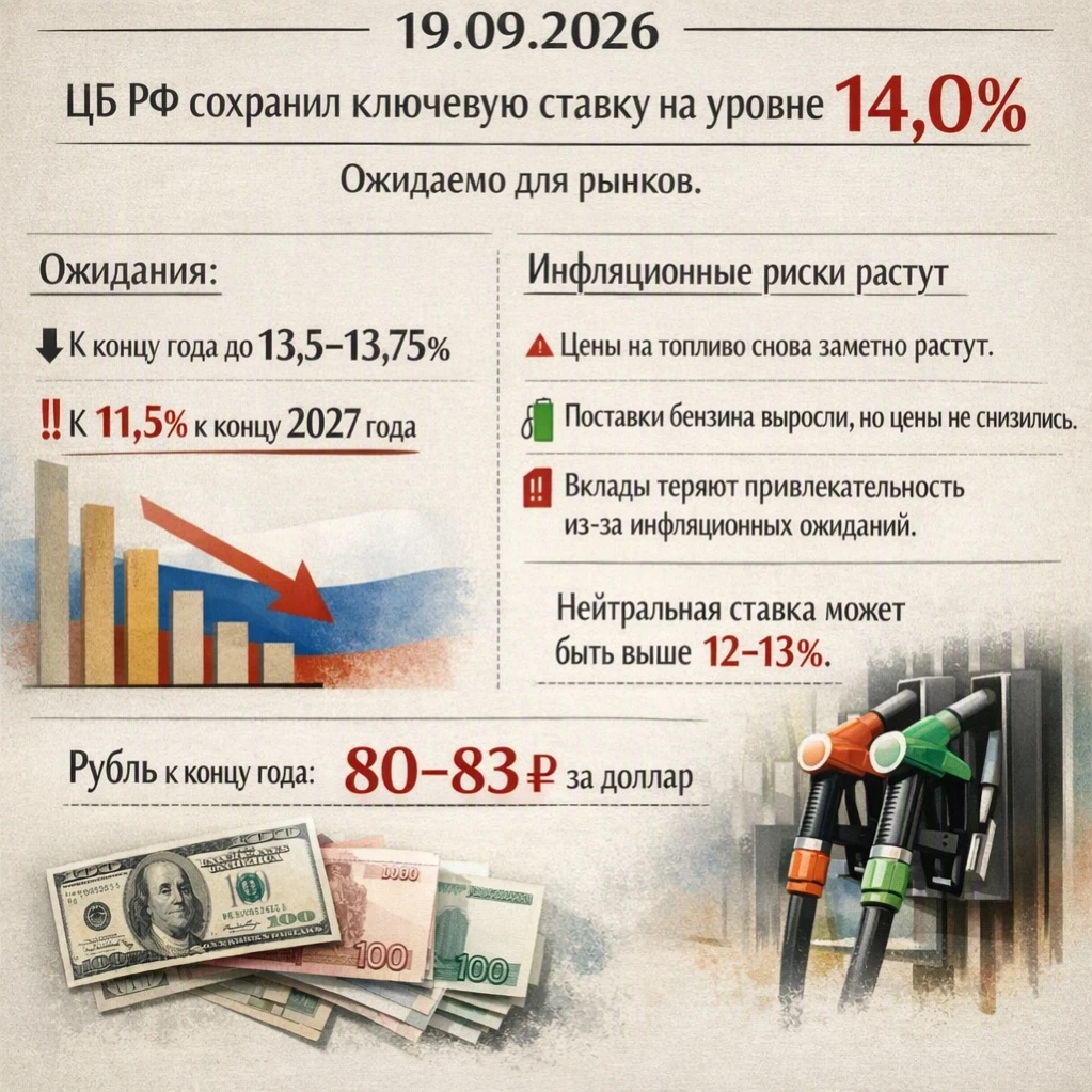 19.09.2026г. Банк России сохранил ключевую ставку на уровне 14,0%, что полностью совпало с ожиданиями рынка. 📉 - изображение