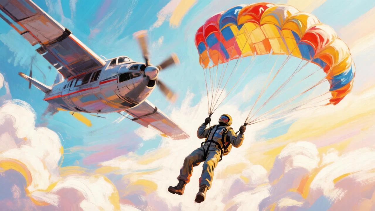 25 сентября 1945 года советский парашютист Василий Романюк совершил рекордный затяжной прыжок из стратосферы. Он - изображение