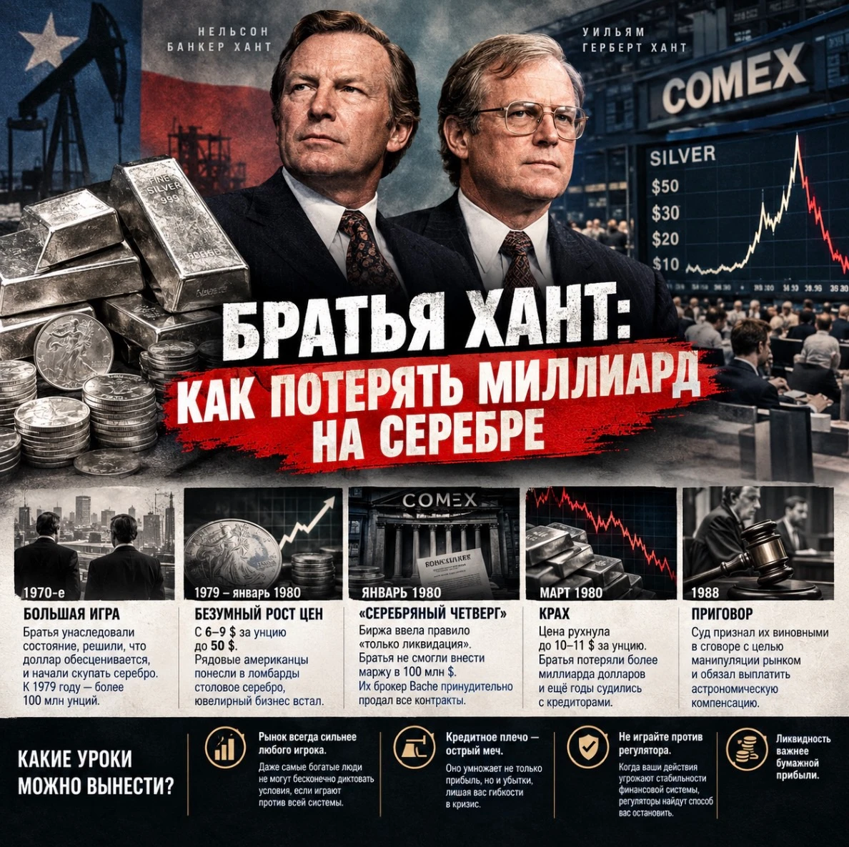 ​ 🙋‍♀️ Братья Хант: как потерять миллиард на серебре В 1980 году два техасских миллиардера, Нельсон Банкер и - изображение