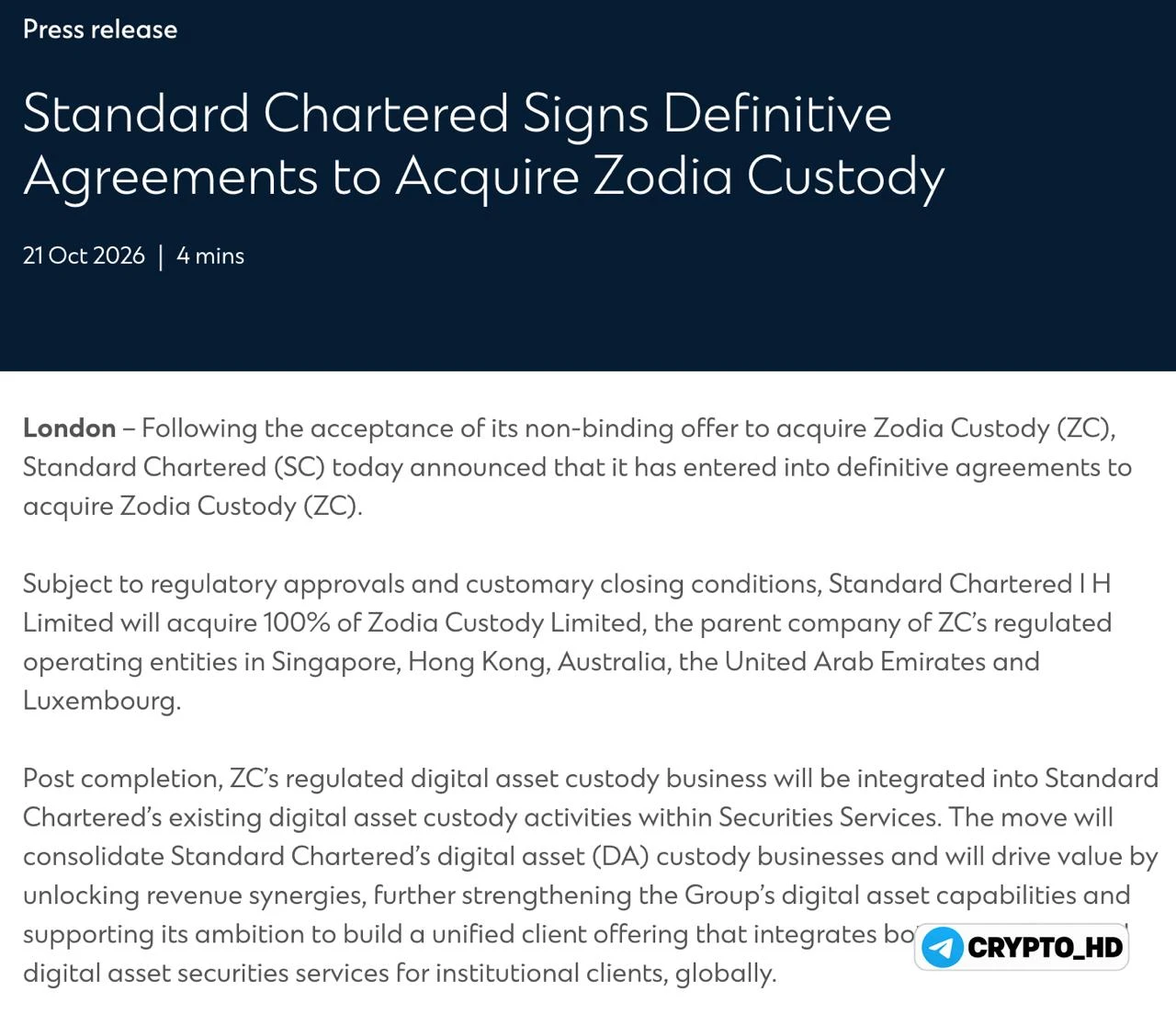 Standard Chartered подписал окончательное соглашение о приобретении 100% Zodia Custody. Сумма сделки не - изображение