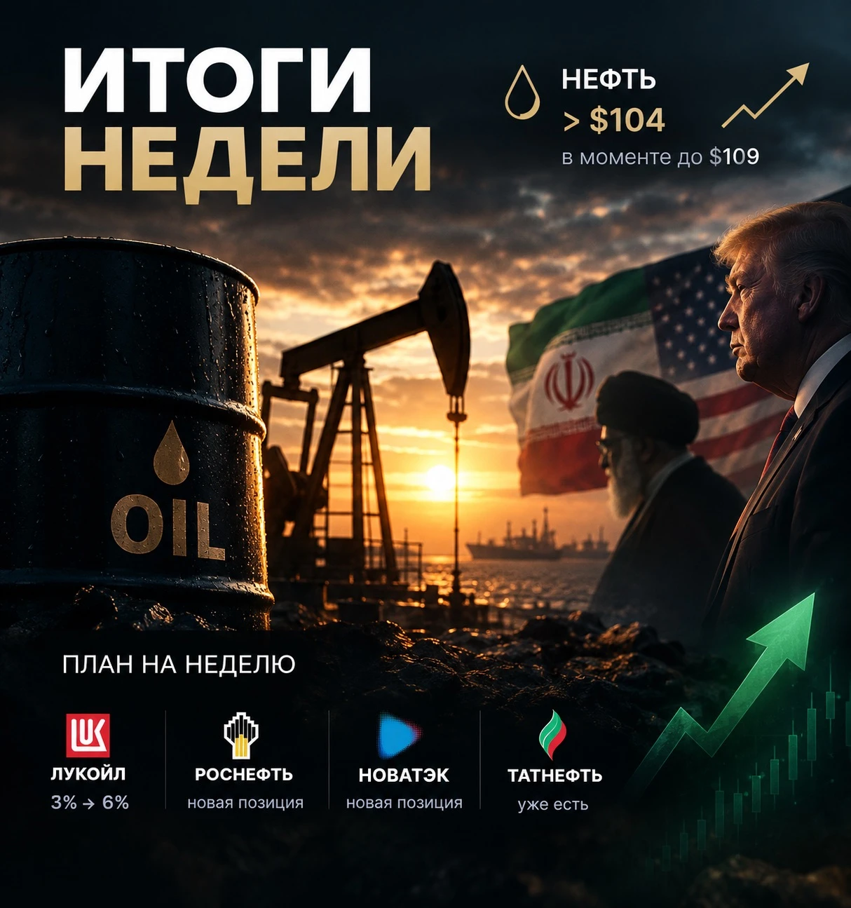 Нефть на этой неделе забуллила довольно высоко. Неделю закрыли выше $104, а в моменте ближайший фьючерс долетал - изображение