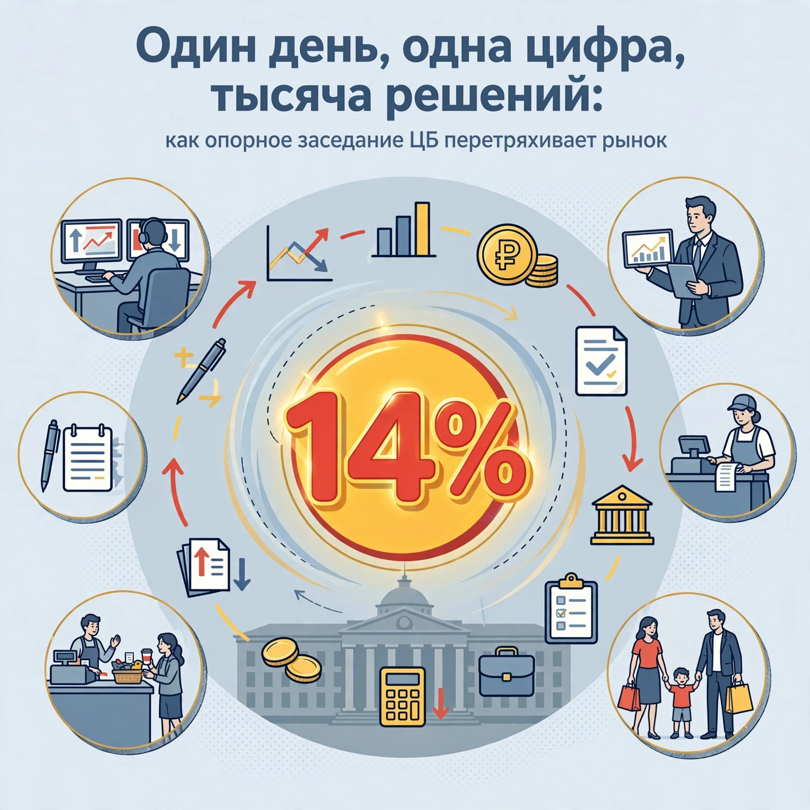 #базарразбор «Один день, одна цифра, тысяча решений: как опорное заседание ЦБ перетряхивает рынок» — акцент на - изображение