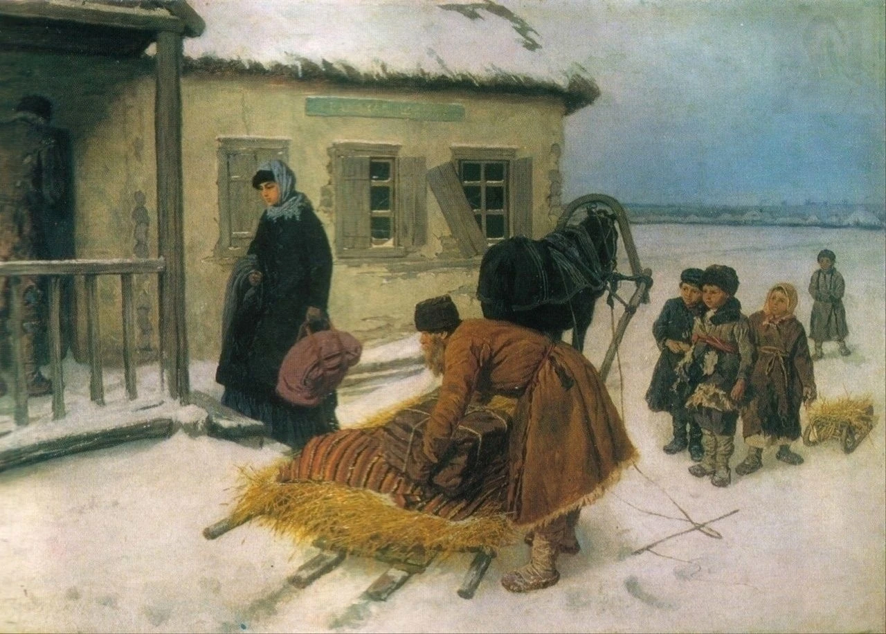Молодая учительница приехала в заснеженное село, но её глаза полны печали. Перед нами картина Константина - изображение