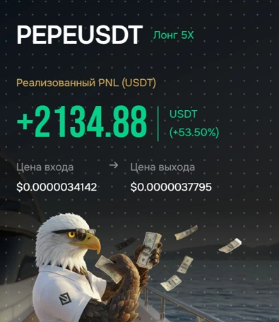 Отторговала лонг по PEPEUSDT с консервативным 5х плечом. Цена входа: $0.0000034142 Цена выхода: $0.0000037795 - изображение