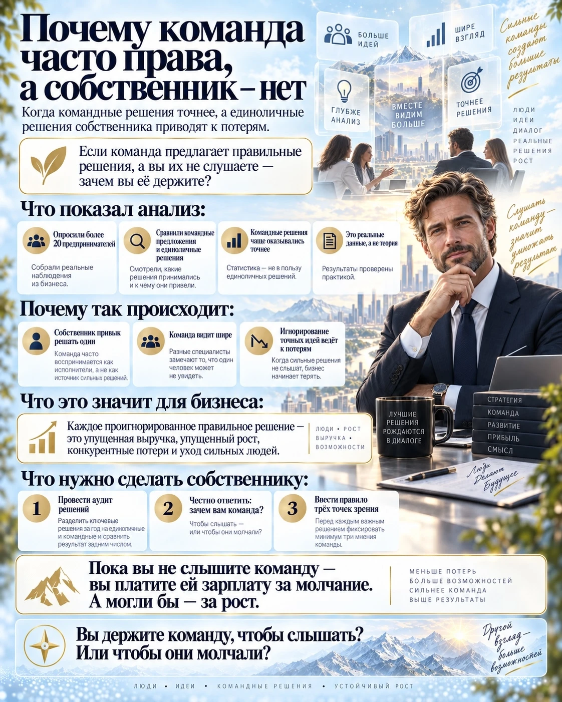 Если команда предлагает правильные решения, а вы их не слушаете — зачем вы их держите? Это жёсткий вопрос. Но - изображение