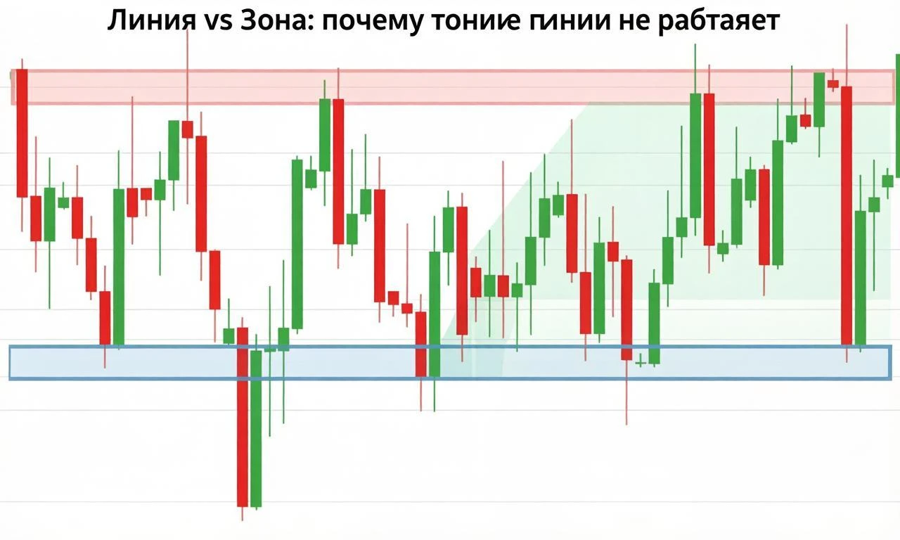 Линия vs зона: почему тонкие линии не работают Многие новички рисуют тонкую линию на графике, ждут отскока — и - изображение
