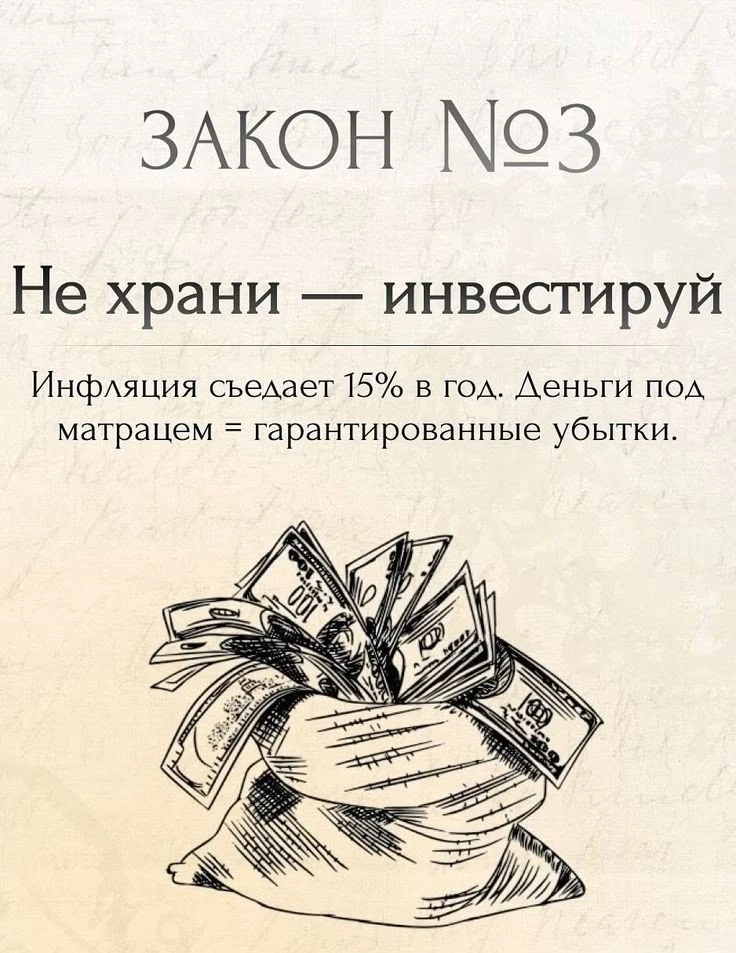 Продолжаем разбирать законы денег. Закон №3 гласит: «Не храни — инвестируй». Вчера мы говорили, что деньги — это - изображение