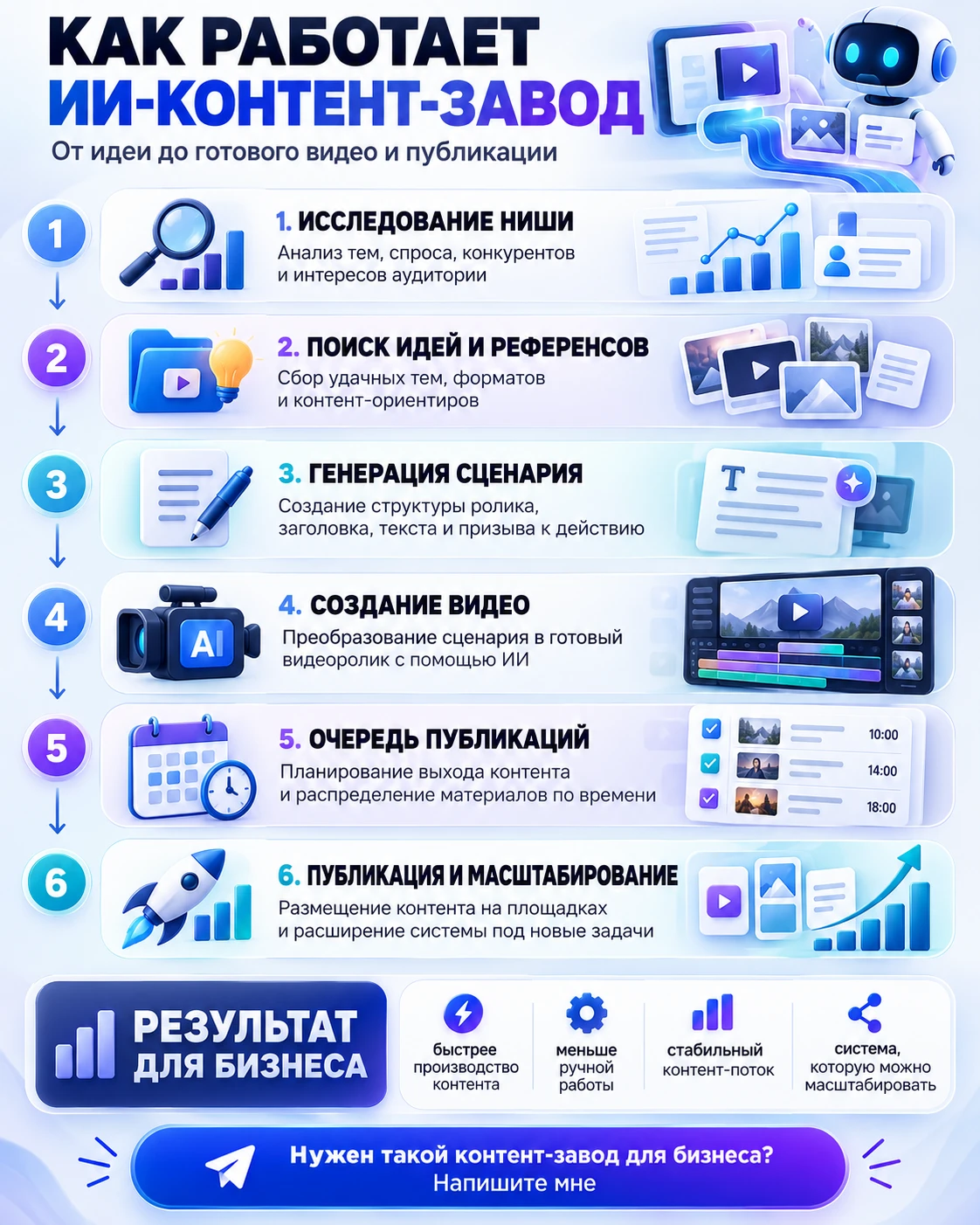 Как работает цепочка: 1. Исследование ниши ИИ-агент через Telegram помогает анализировать нишу: тренды, спрос, - изображение