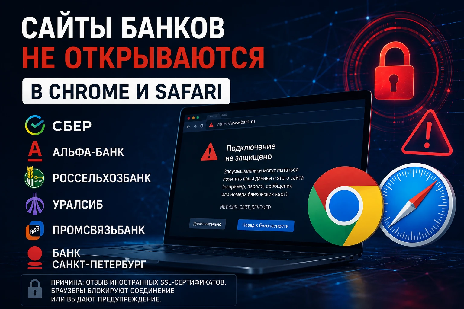 Пользователи заметили сбои при попытке зайти на сайты ряда российских банков через Google Chrome и Safari. - изображение