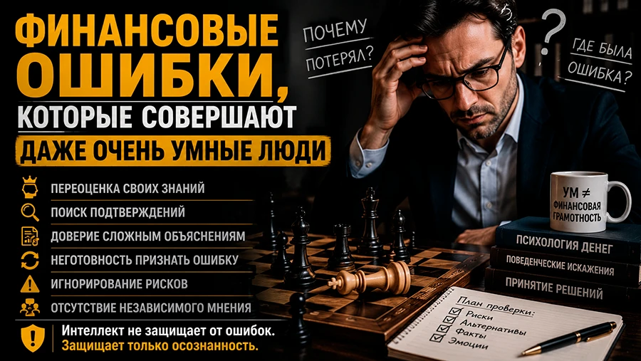 Высокий интеллект не защищает от финансовых ошибок. Иногда он делает их опаснее, потому что умный человек умеет - изображение