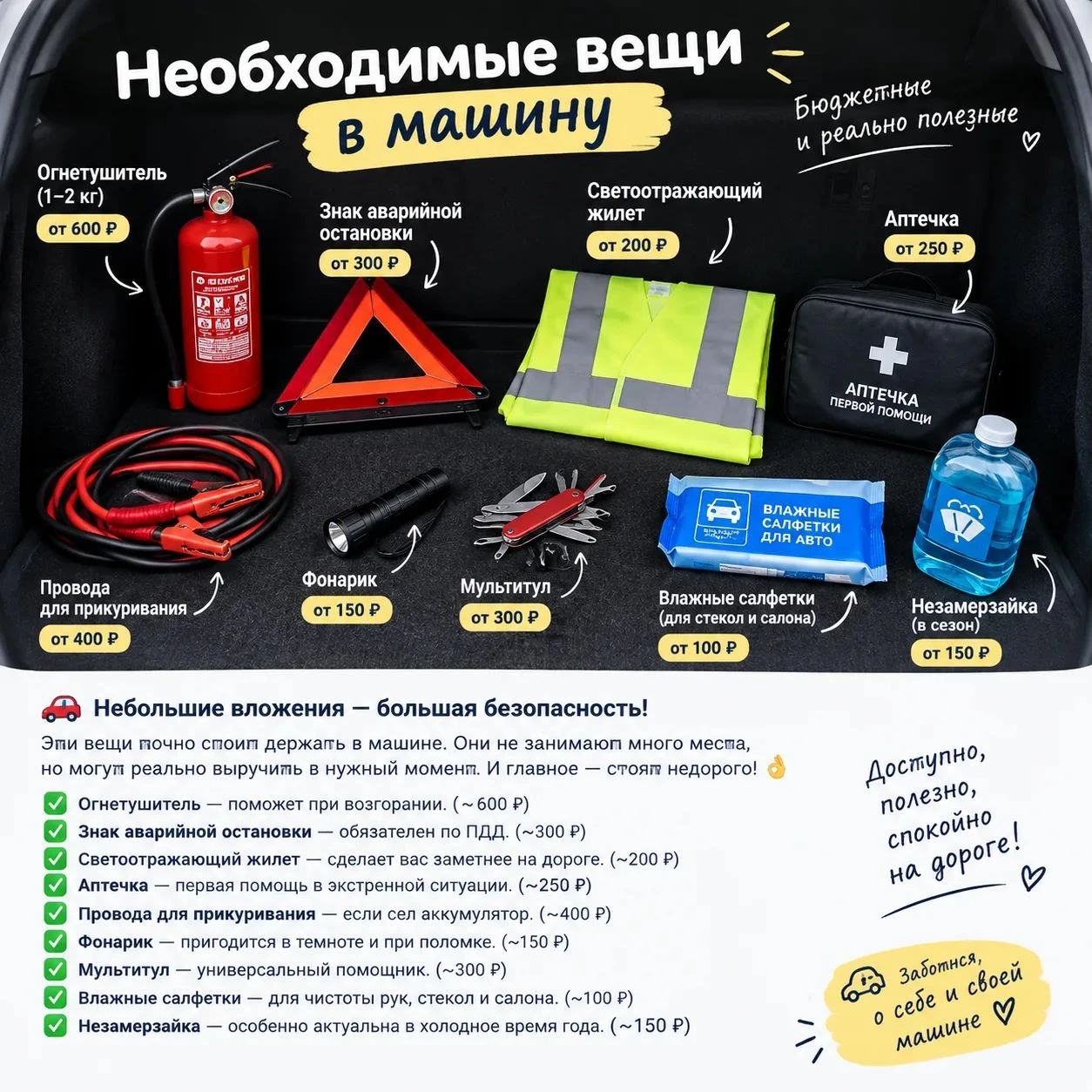🚗 **Что обязательно стоит иметь в машине?** Необязательно тратить много денег, чтобы быть готовым к - изображение