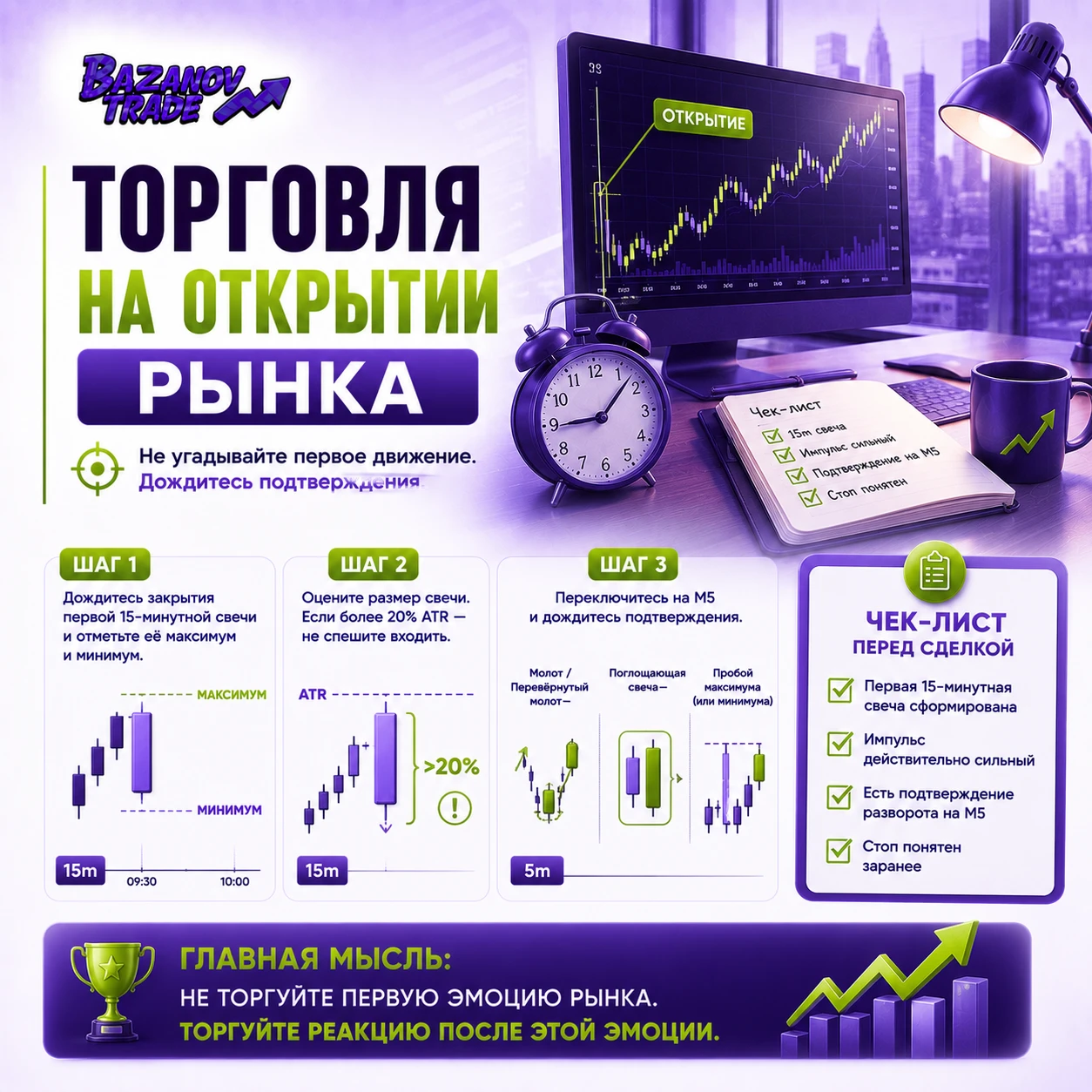 Самая дорогая ошибка на открытии рынка — пытаться угадать первое движение. Большинство видит сильную свечу на - изображение