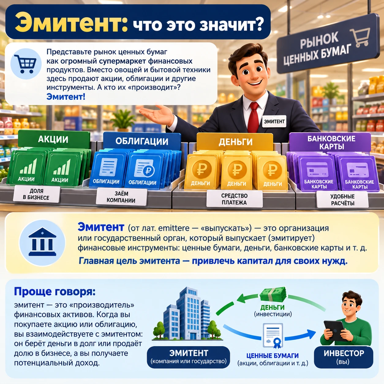Эмитент: что это значит❓ Представьте рынок ценных бумаг как огромный супермаркет финансовых продуктов. Вместо - изображение