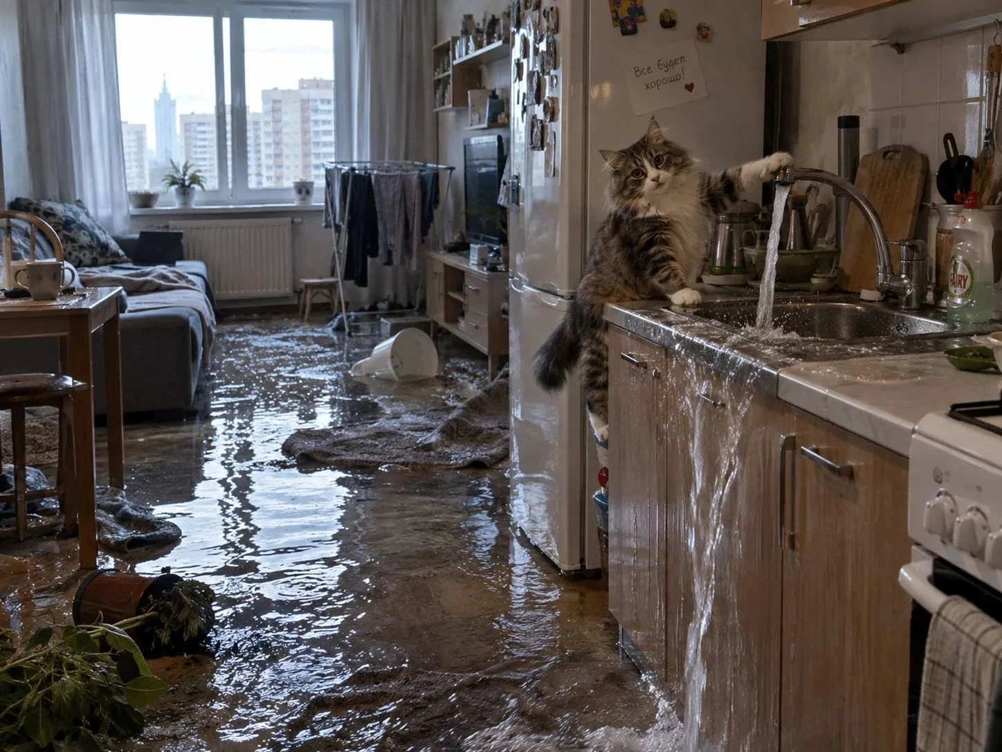 🐈 Кот лапой открыл кран и устроил потоп в своей и соседской квартирах. Ущерб составил более 600 000 ₽ Хозяева - изображение