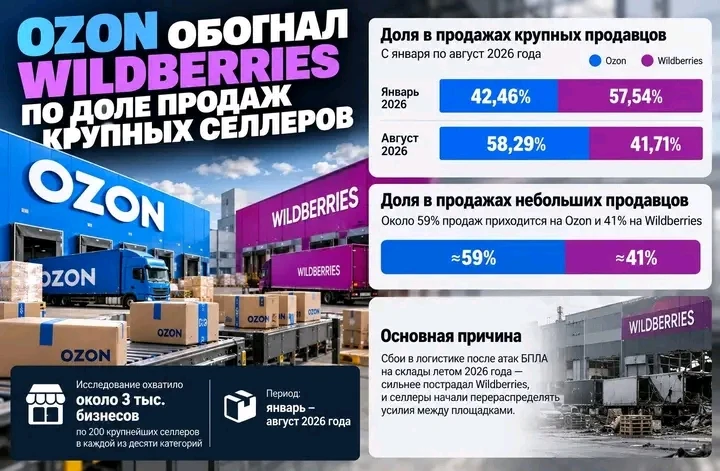 Ozon обогнал Wildberries по доле продаж крупных селлеров. С января по август доля Ozon в продажах крупных - изображение