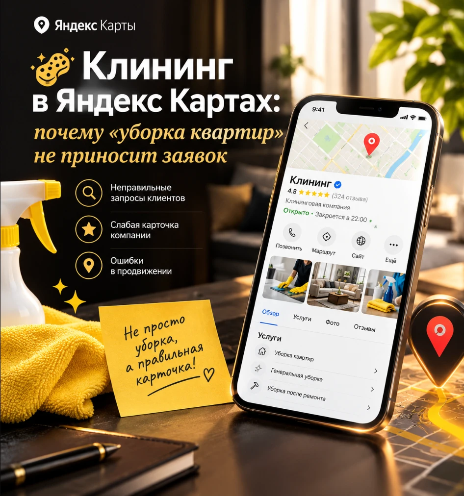 В клининге одна и та же компания продаёт десяток разных услуг, а в карточке указывает одну. В итоге поиск её не - изображение