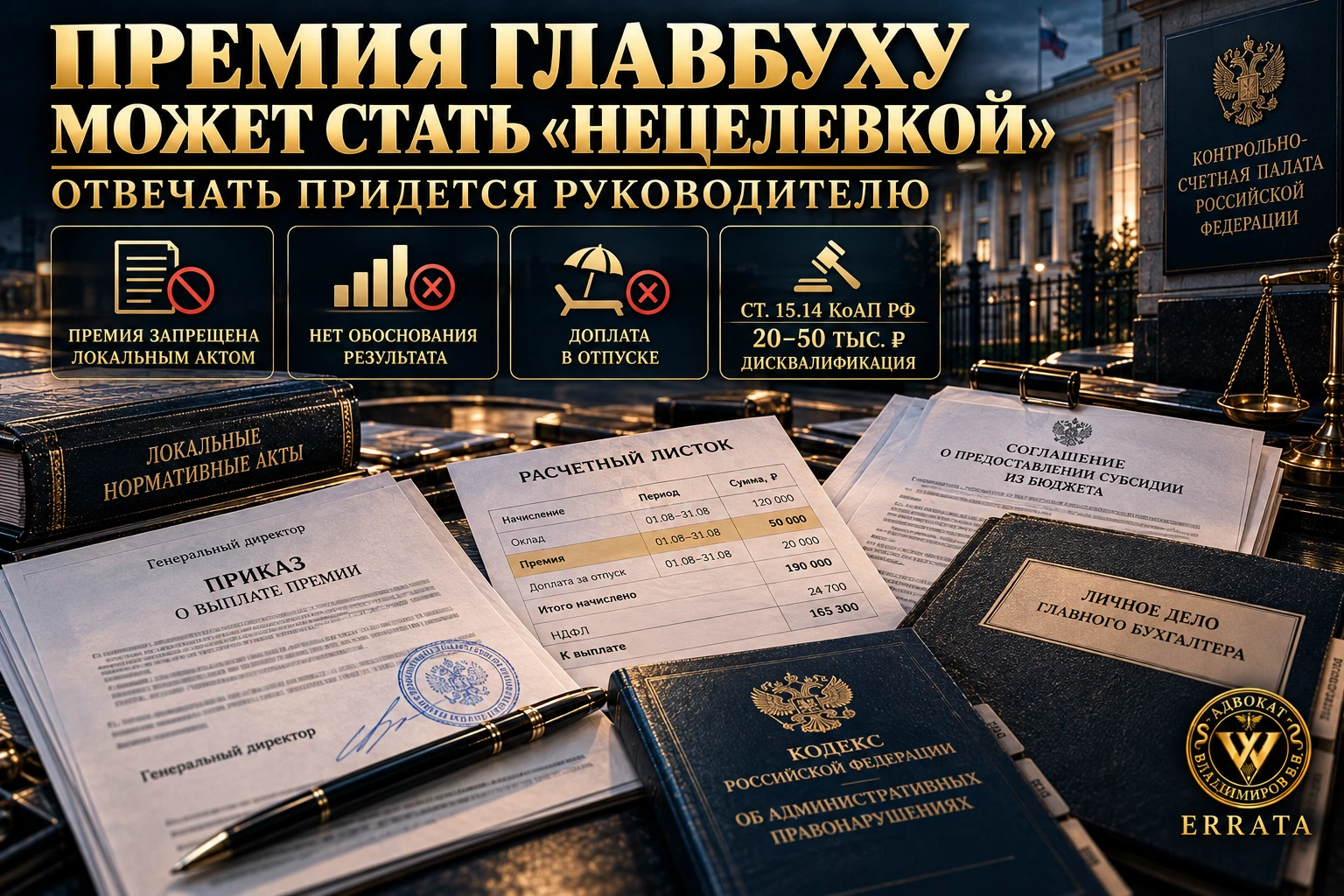 В бюджетном учреждении спорная премия может стать личным административным риском руководителя. Ст. 15.14 КоАП РФ - изображение