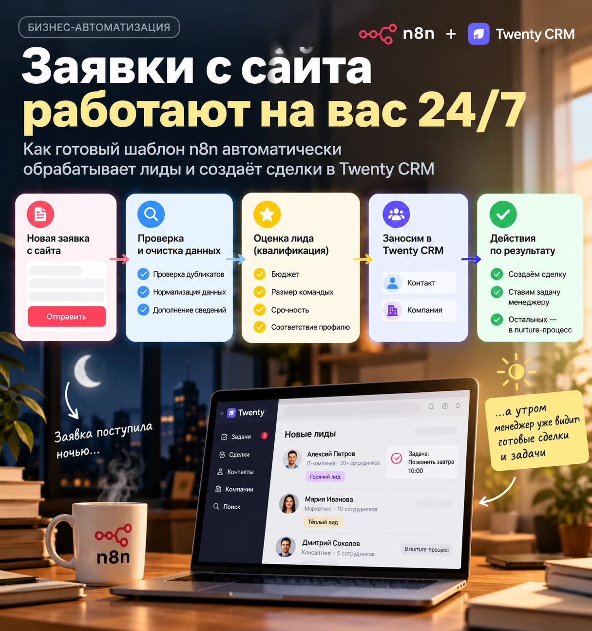 Клиент оставил заявку на сайте ночью? Обычное дело. Обычно дальше всё начинается утром: менеджер открывает - изображение