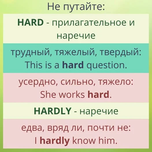 Сравните: He works hard = Он много и усердно работает. He hardly works = Он почти не работает / Он - изображение