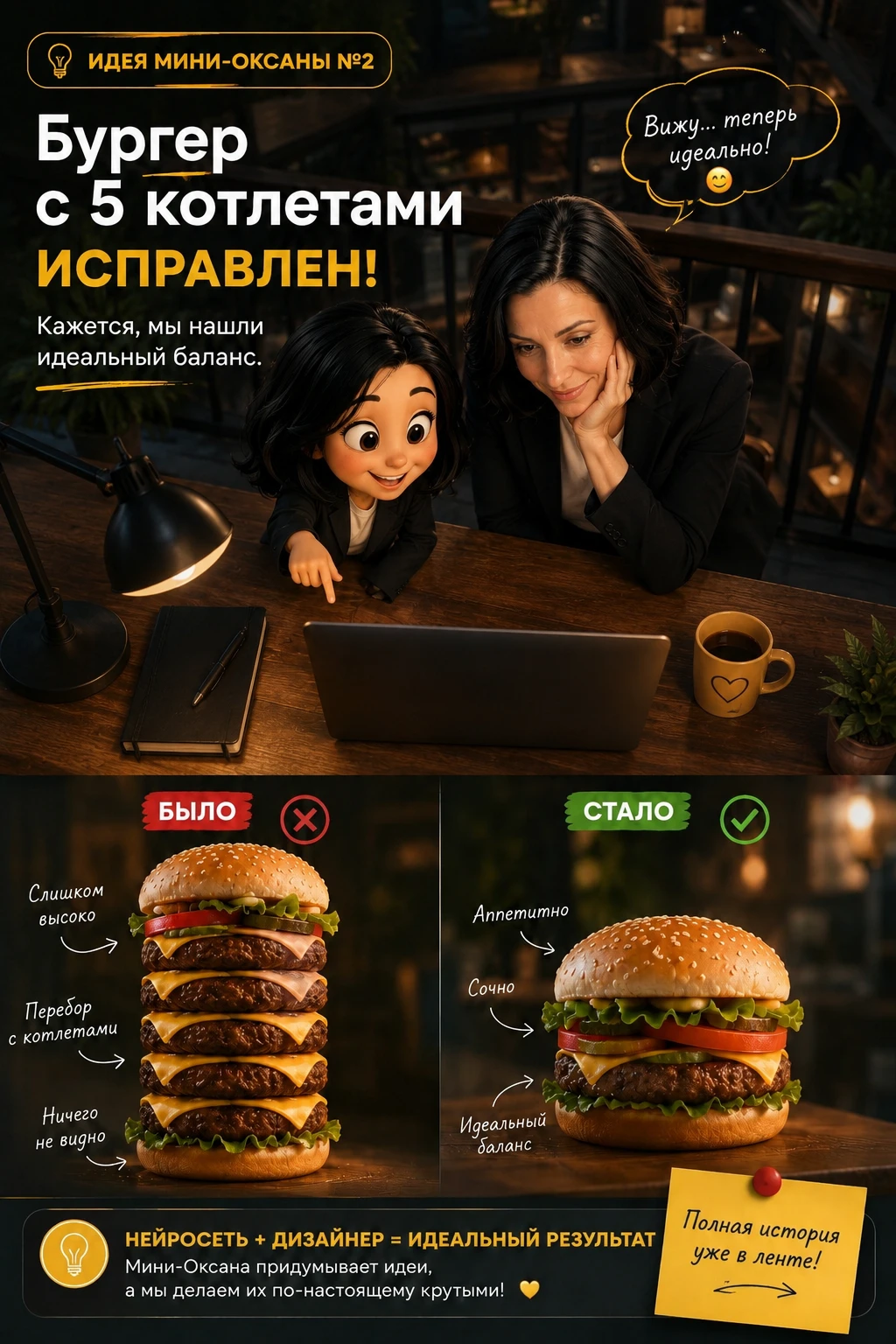 Мини-Оксана снова взялась за промпты... Я попросила сделать аппетитный бургер. Через минуту она с гордостью - изображение