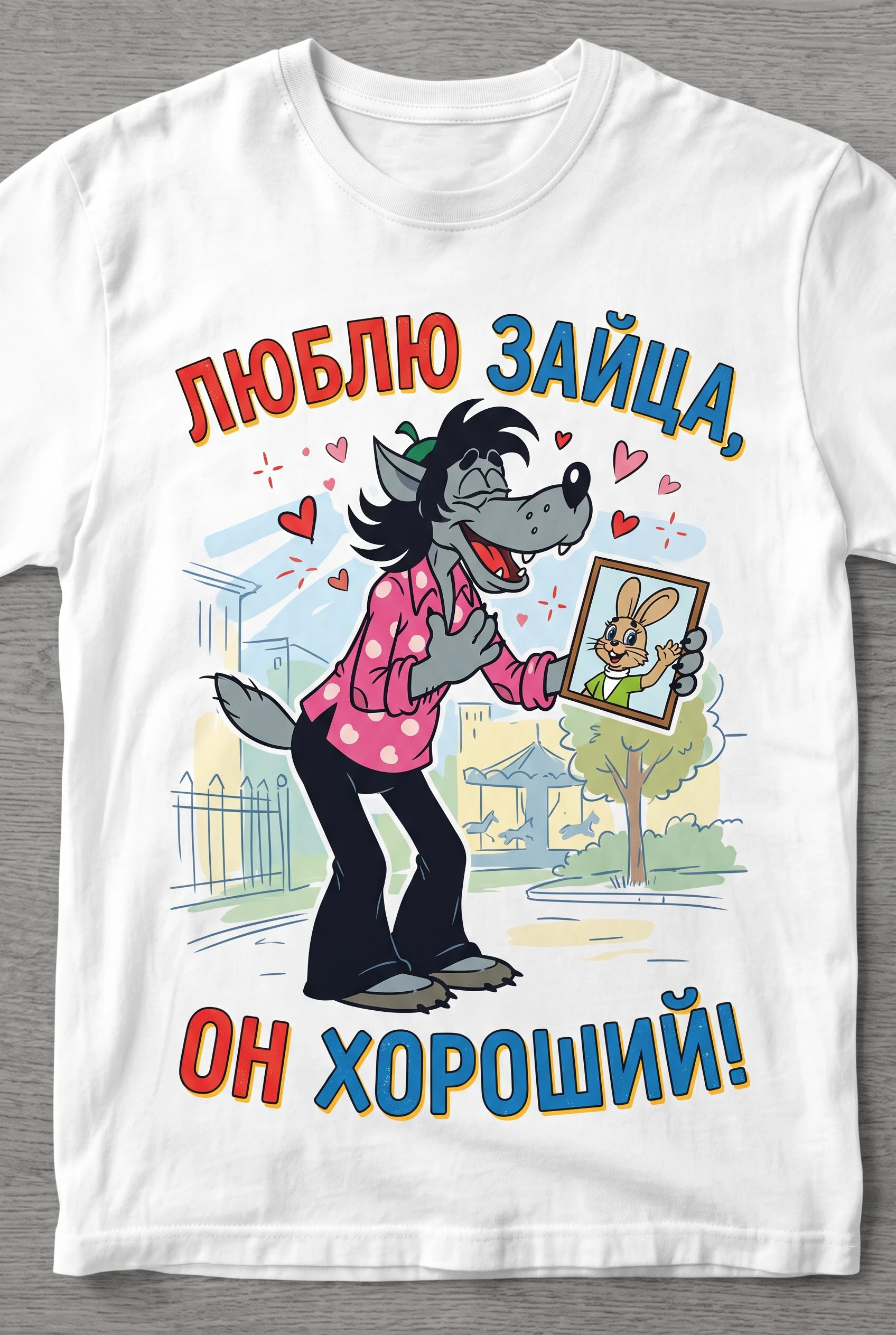 Пародийная футболка в стиле мультфильма «Ну погоди!» с надписью «Люблю зайца, он хороший» - изображение