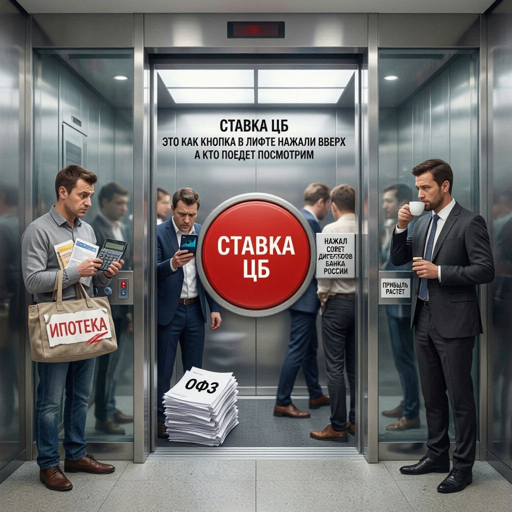 Представьте, что экономика — это огромный жилой дом. А ключевая ставка ЦБ — кнопка лифта. Все стоят у шахты, - изображение