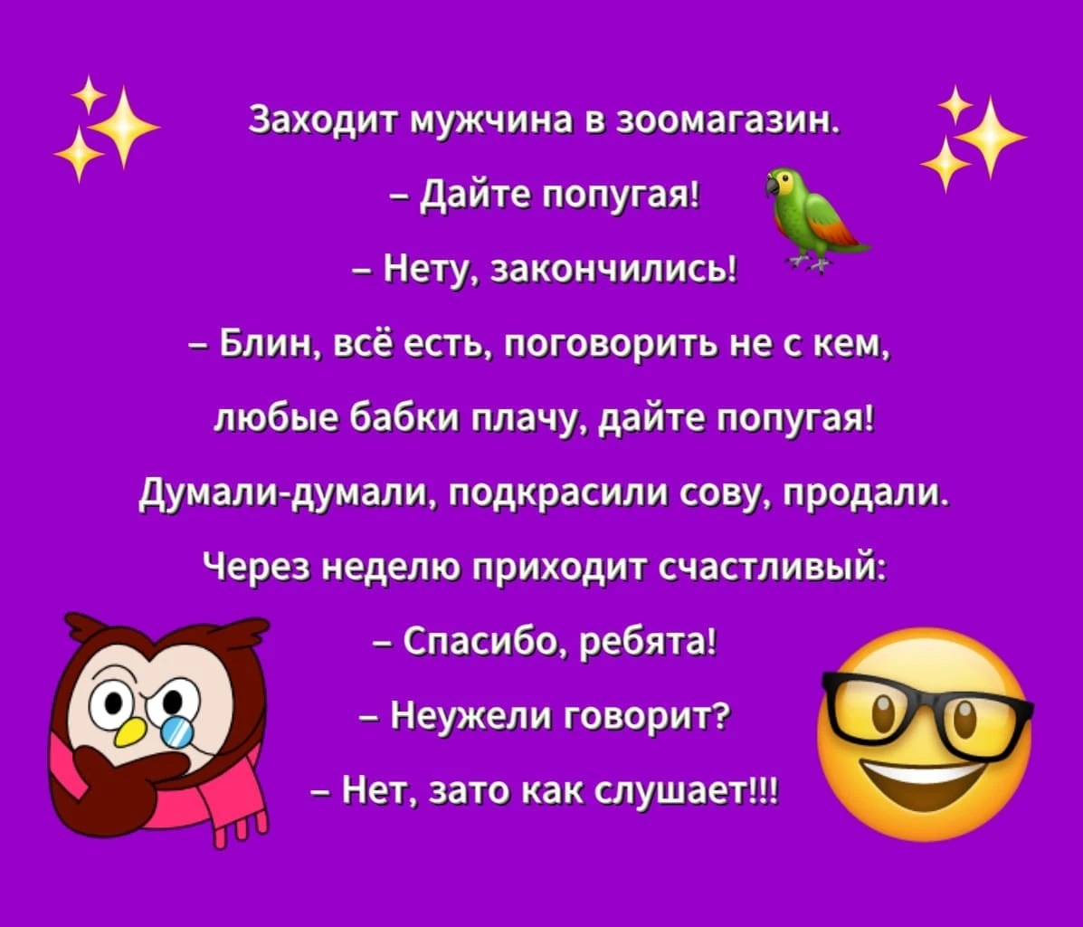 ☀️ Всем хорошего настроения и солнечных выходных! 😃 #анекдот #юмор #жизнь #сова #patientmentor_23ec - изображение