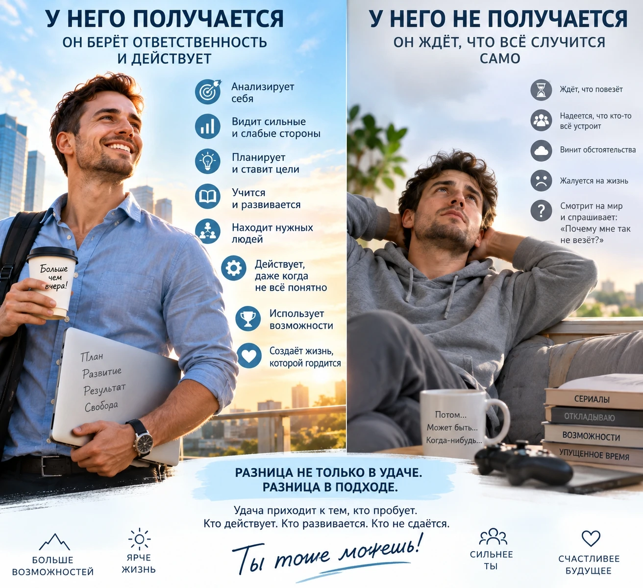 Одни делают карьеру. Другие — нет. Одни преуспели в бизнесе. Другие разорились. Кто-то создал крепкую семью. А - изображение