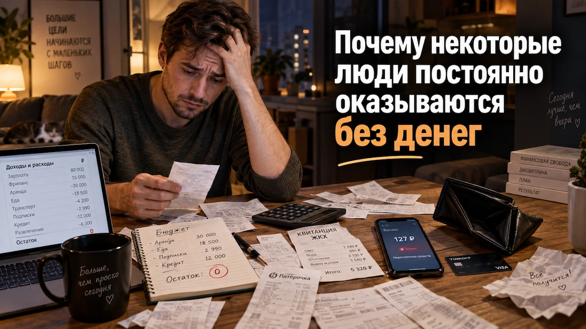 Человек может начать зарабатывать больше и всё равно снова оказаться без денег. Это один из самых неприятных - изображение