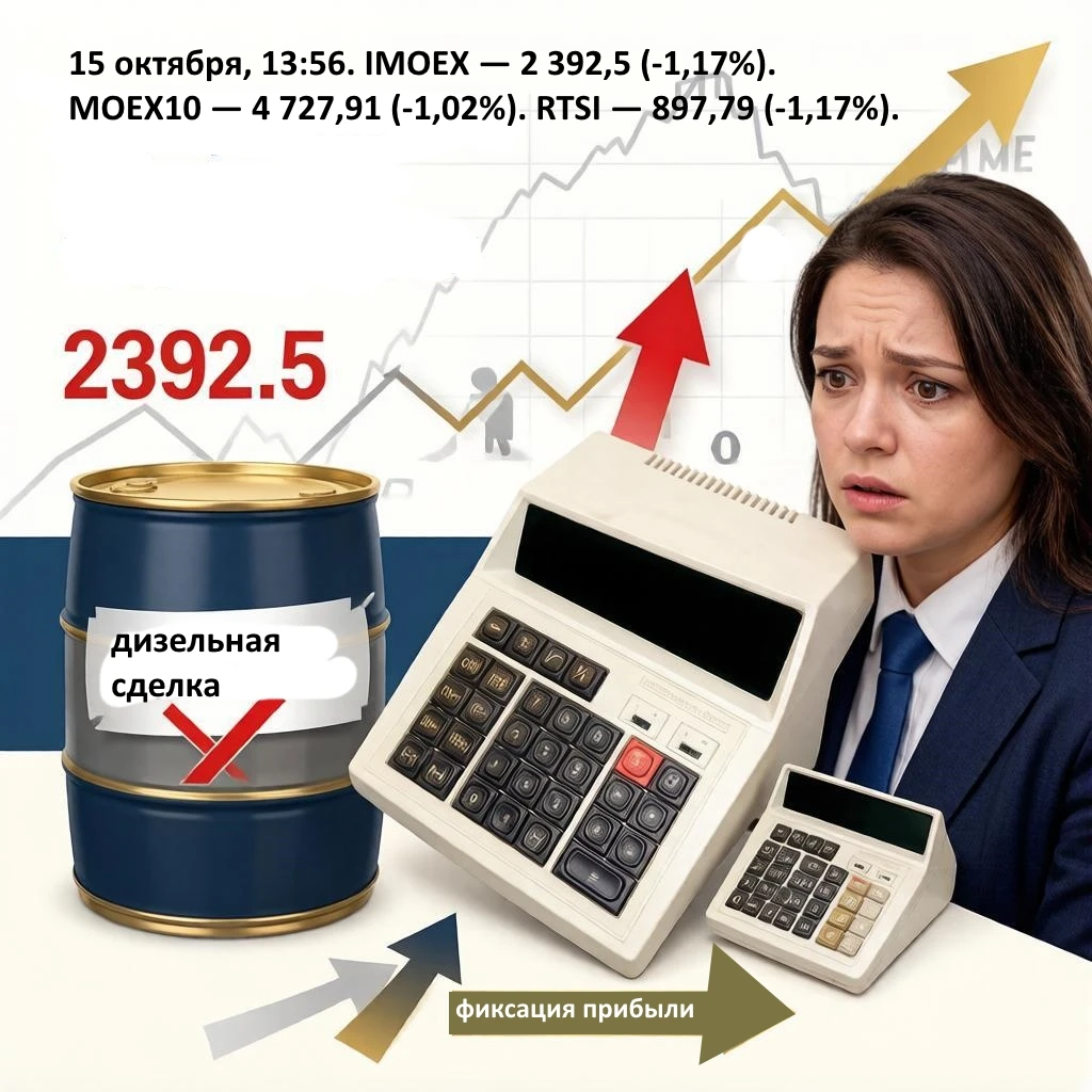 #Базарразбор Смотрю на терминал: 15 октября, 13:56. IMOEX — 2 392,5 (-1,17%). MOEX10 — 4 727,91 (-1,02%). RTSI — - изображение