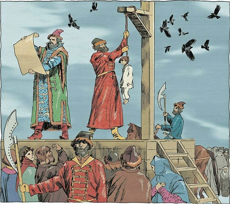О времена, о нравы.... Казнь Ивана "Ворёнка" в Москве, 1614 год. Повешение трехлетнего сына Марины Мнишек и - изображение