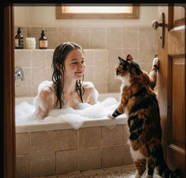 😻Кошка сидит у двери ванной, терпеливо ждёт. Потом не выдерживает, орёт: - Ну сколько можно?! Я тут уже три - изображение