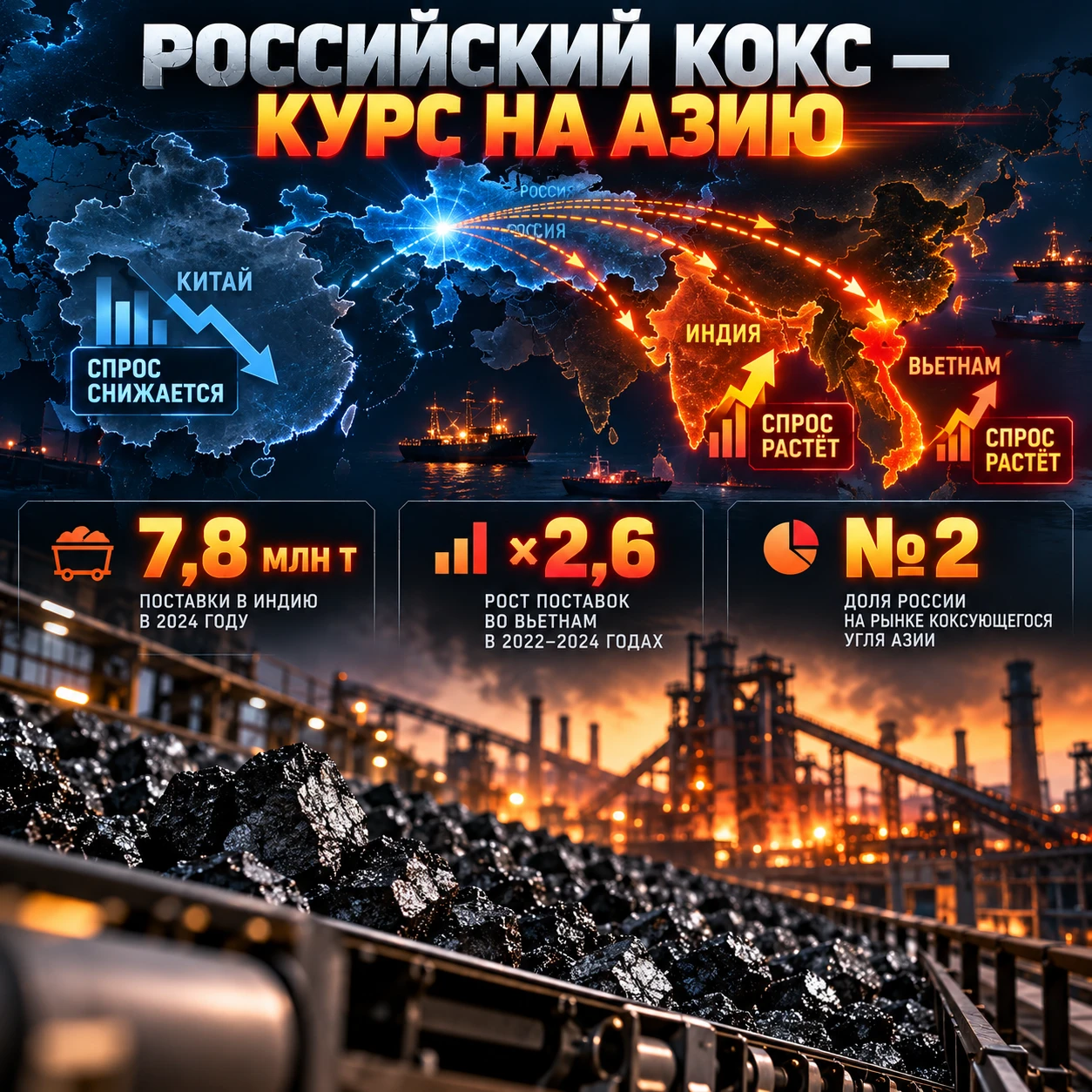 #коксующийсяуголь #российскийэкспорт #Индия #Вьетнам #ЮгоВосточнаяАзия #металлургия #сталь #угольнаяотрасль - изображение
