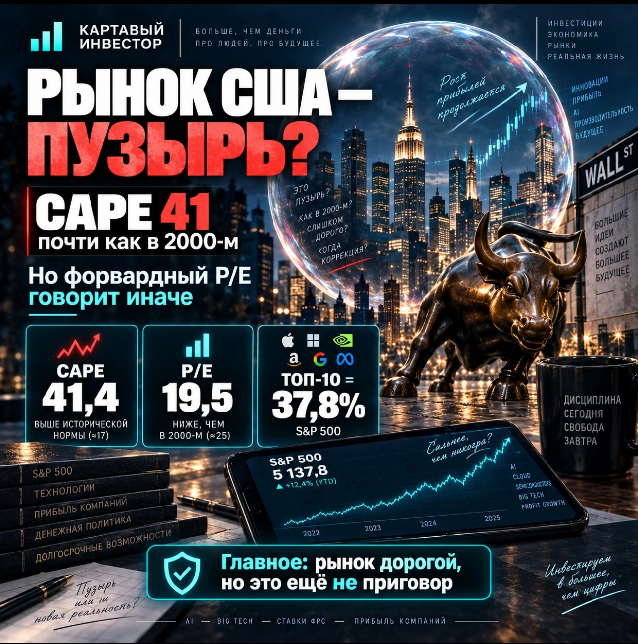 Есть цифра, которая сейчас выглядит довольно пугающе. Коэффициент Шиллера — CAPE — около 41,4. На пике пузыря - изображение