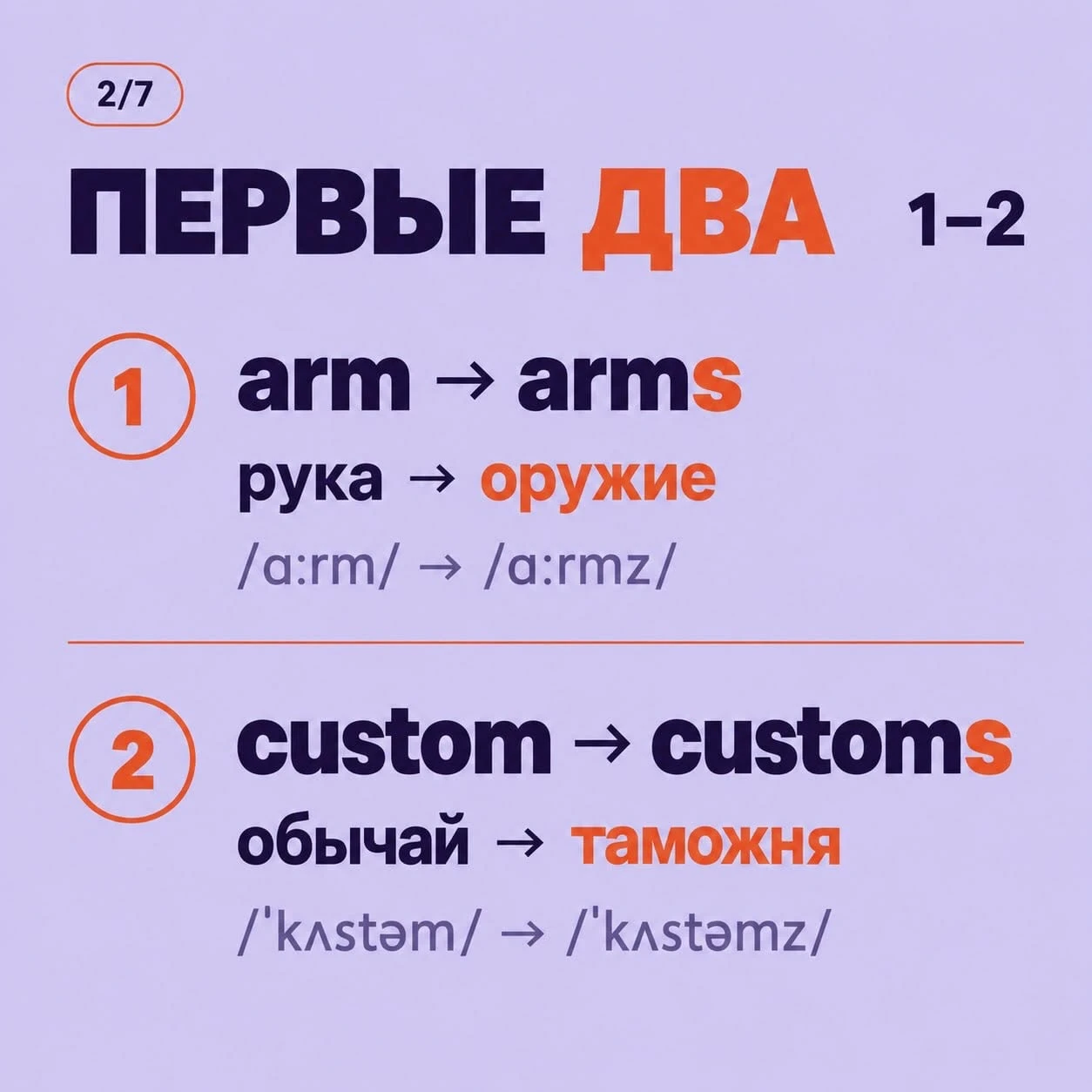 arm → arms: рука → оружие custom → customs: обычай → таможня glass → glasses: стекло → очки wood → woods: - изображение