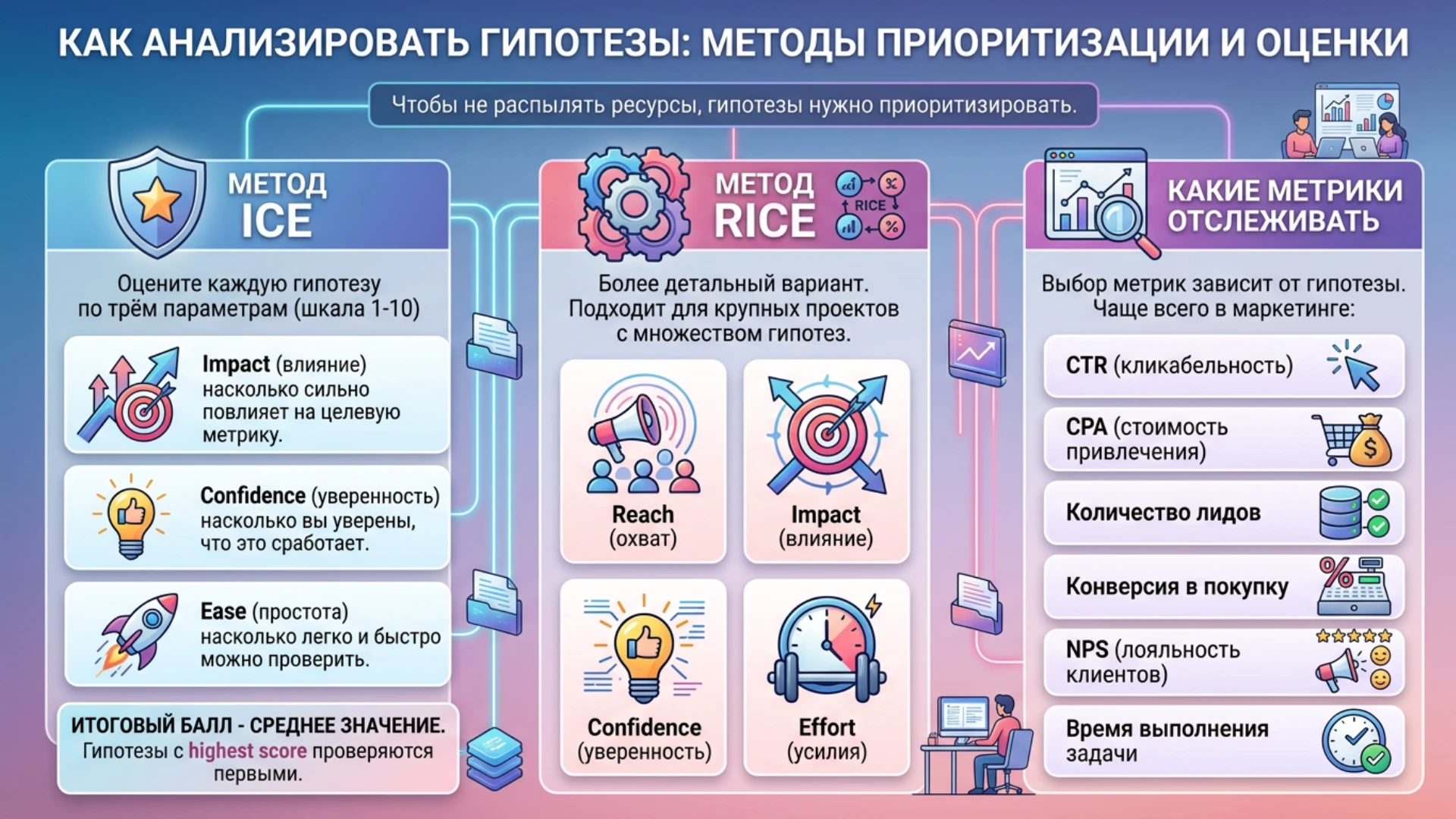 Первая часть - Чтобы не распылять ресурсы, гипотезы нужно приоритизировать. Вот два самых популярных метода: - изображение