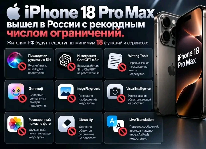 iPhone 18 Pro Max вышел в России с рекордным числом ограничений. Жителям РФ будут недоступны минимум 18 функций - изображение