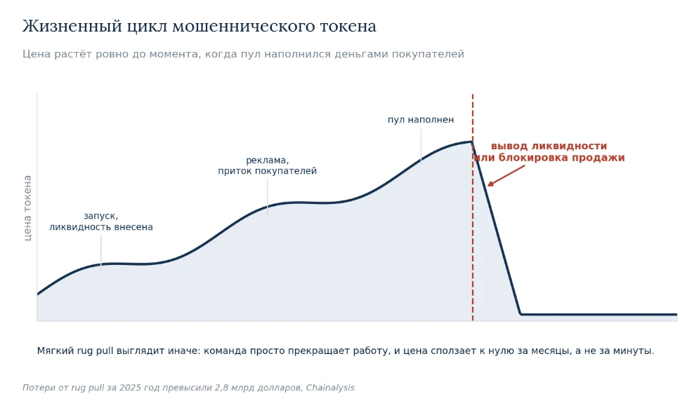 В 2025 году потери от rug pull превысили 2,8 млрд долларов. Проверка занимает пять минут и отсеивает большинство - изображение