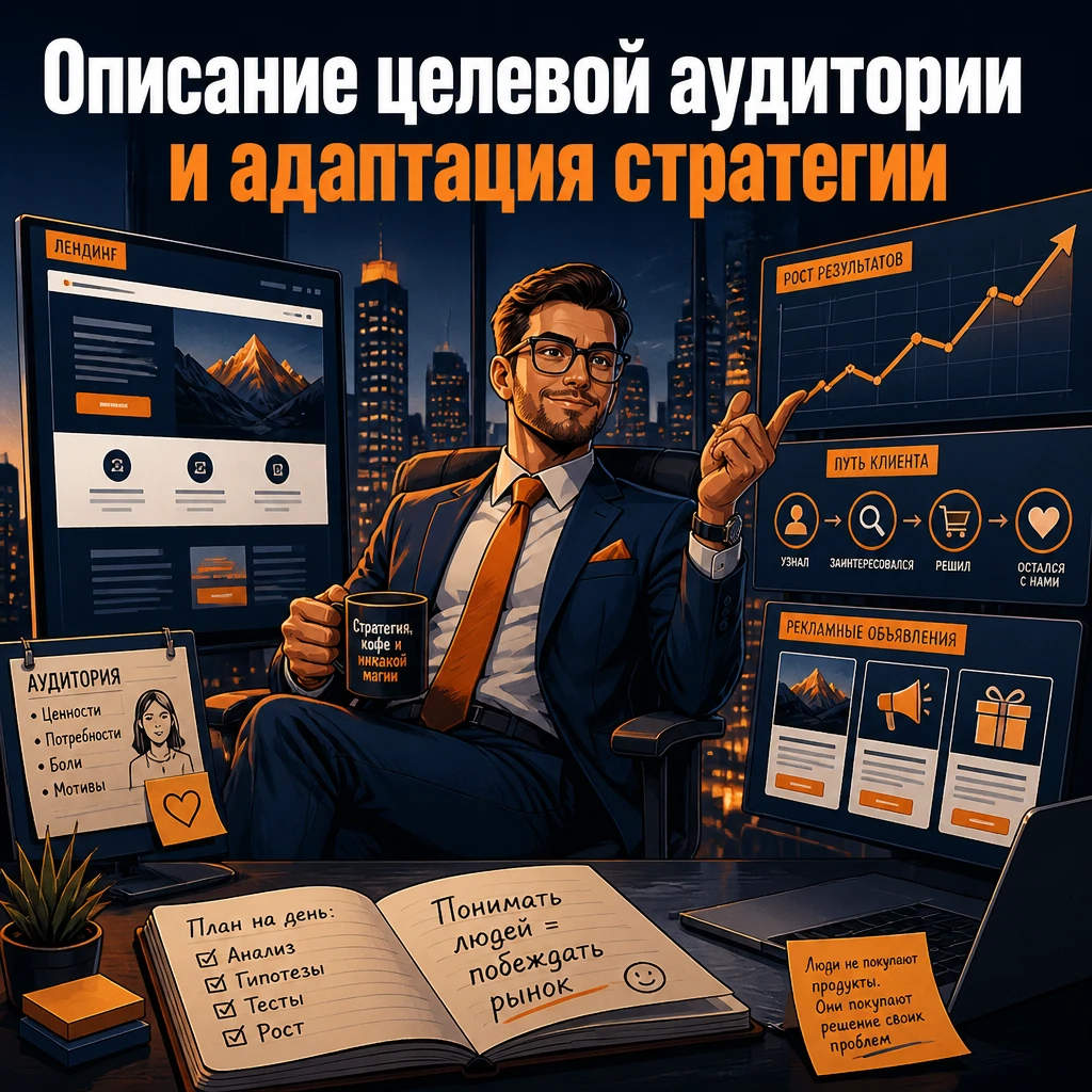 промпт: - Мы — [тип бизнеса], продаем [товары/услуги]. Определи нашу целевую аудиторию: её демографию, интересы, - изображение