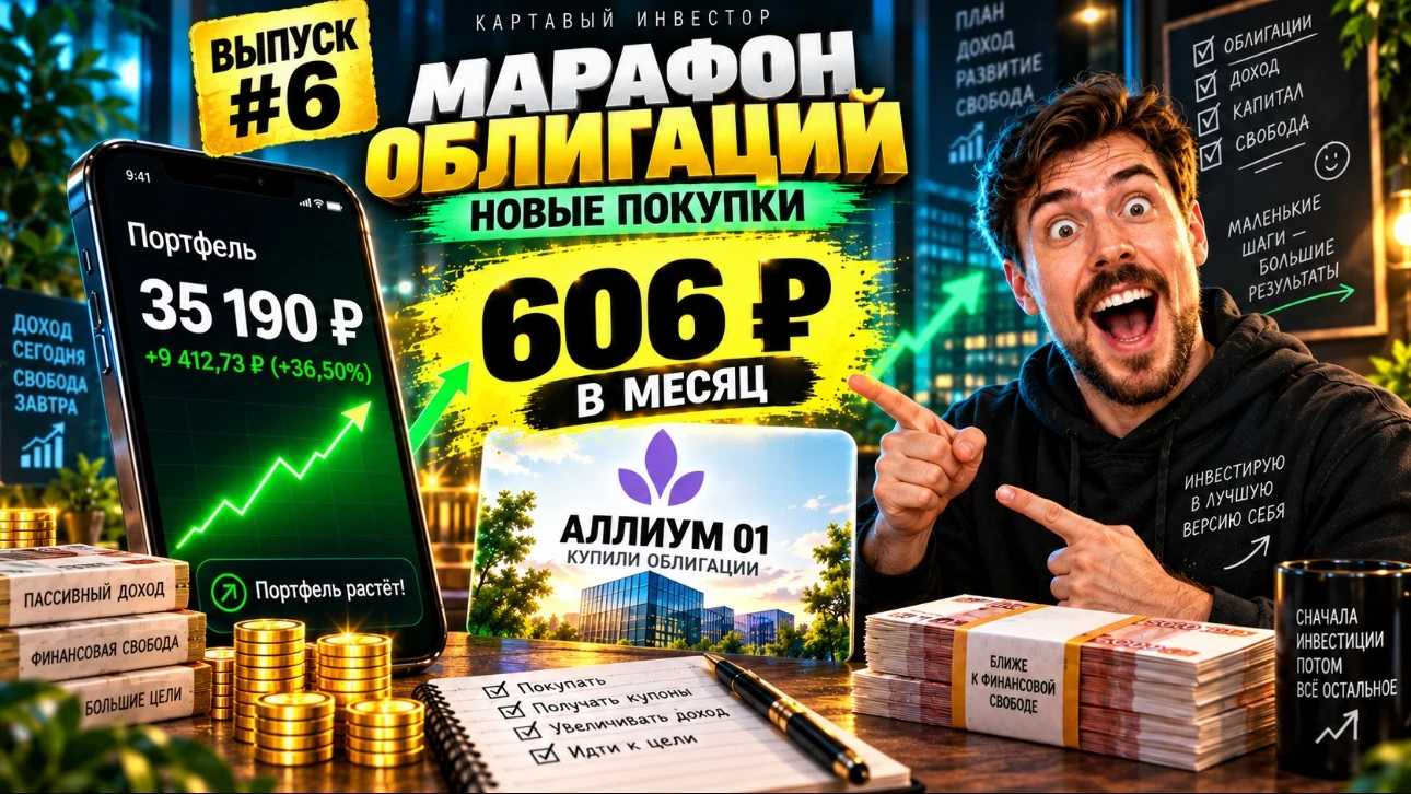 35 190 ₽ в портфеле — уже 606 ₽ купонами в месяц. Ссылка на выпуск - https://youtu.be/Qhw-fxyx788 В этот раз - изображение